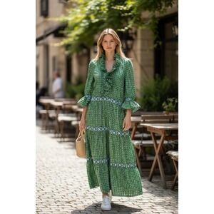 Gretchen Scott SZ Med The Posh Foulard Green Medallion Ruffle V-Neck Maxi dress